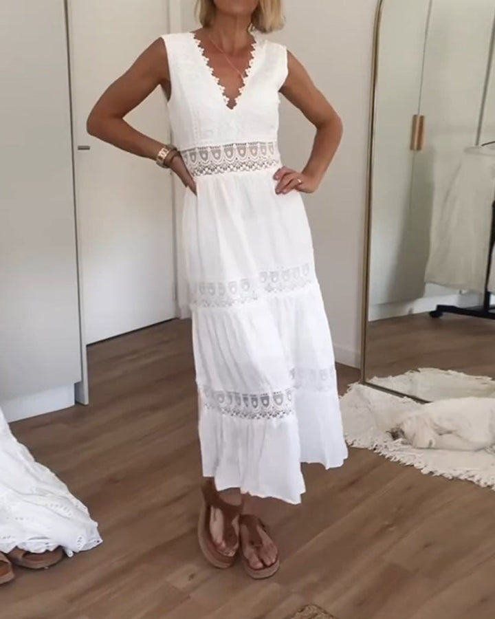 Charlotte Handcrafted Lace Dress with V-Neckline